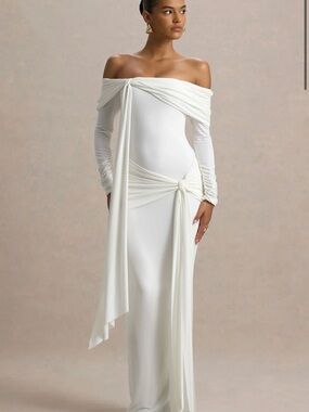 Club L London Off-Shoulder Ivory Draped Dress - JOVIE dress